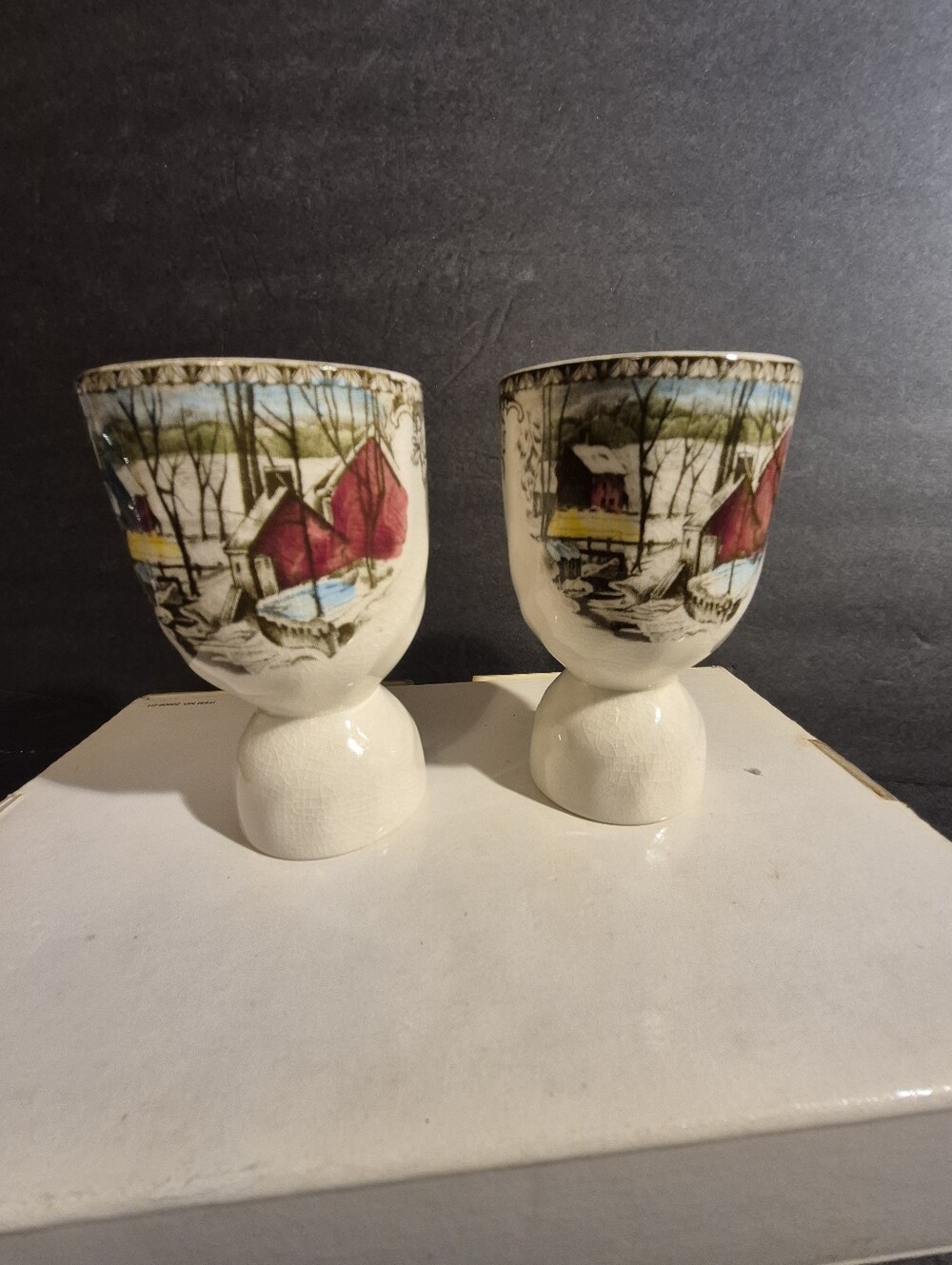 2 Vintage Friendly Village Double Egg Cups Made in England Crazing Pre-owned